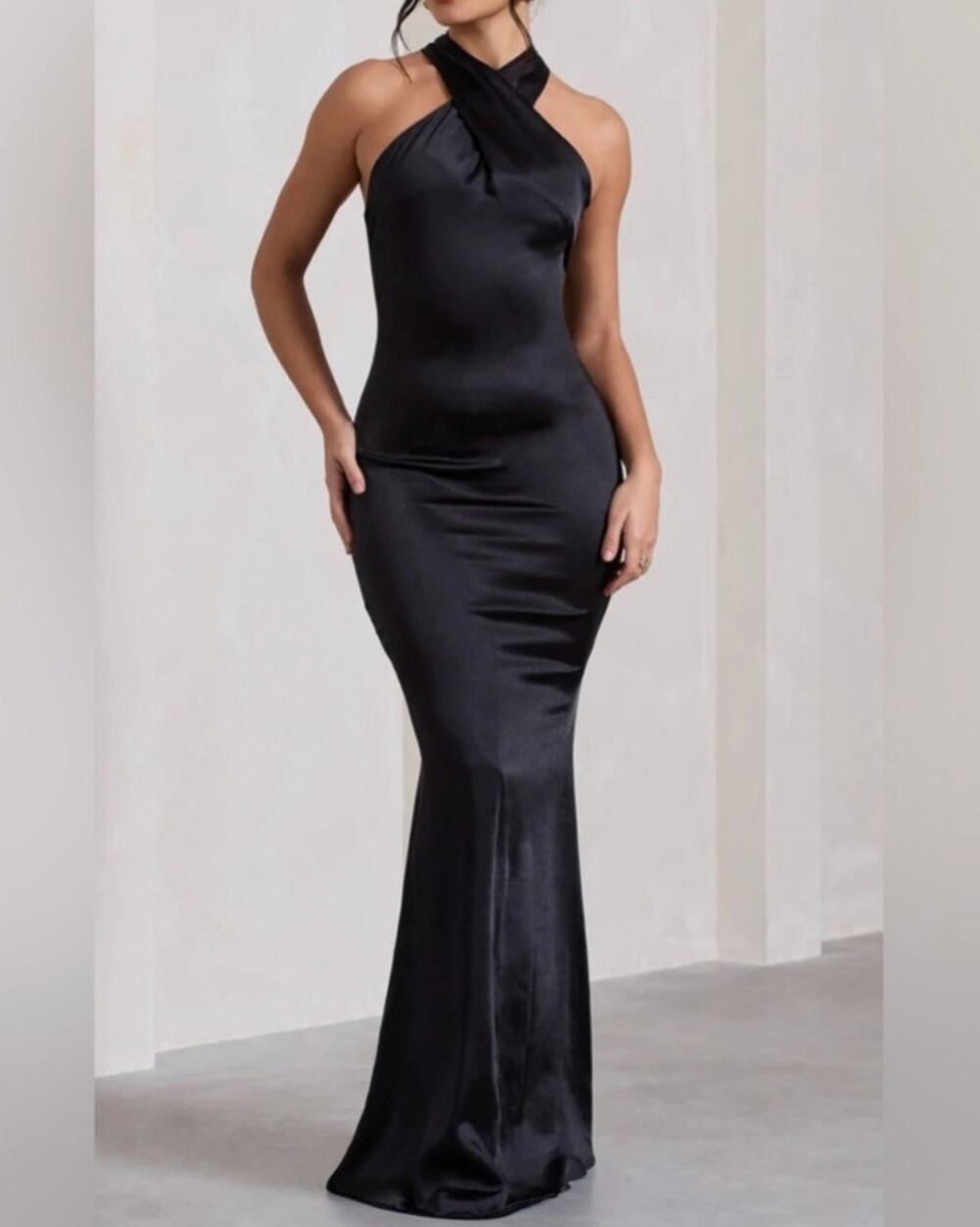 Club L London Unstoppable Black Satin Cross Over Halter Maxi Dress
